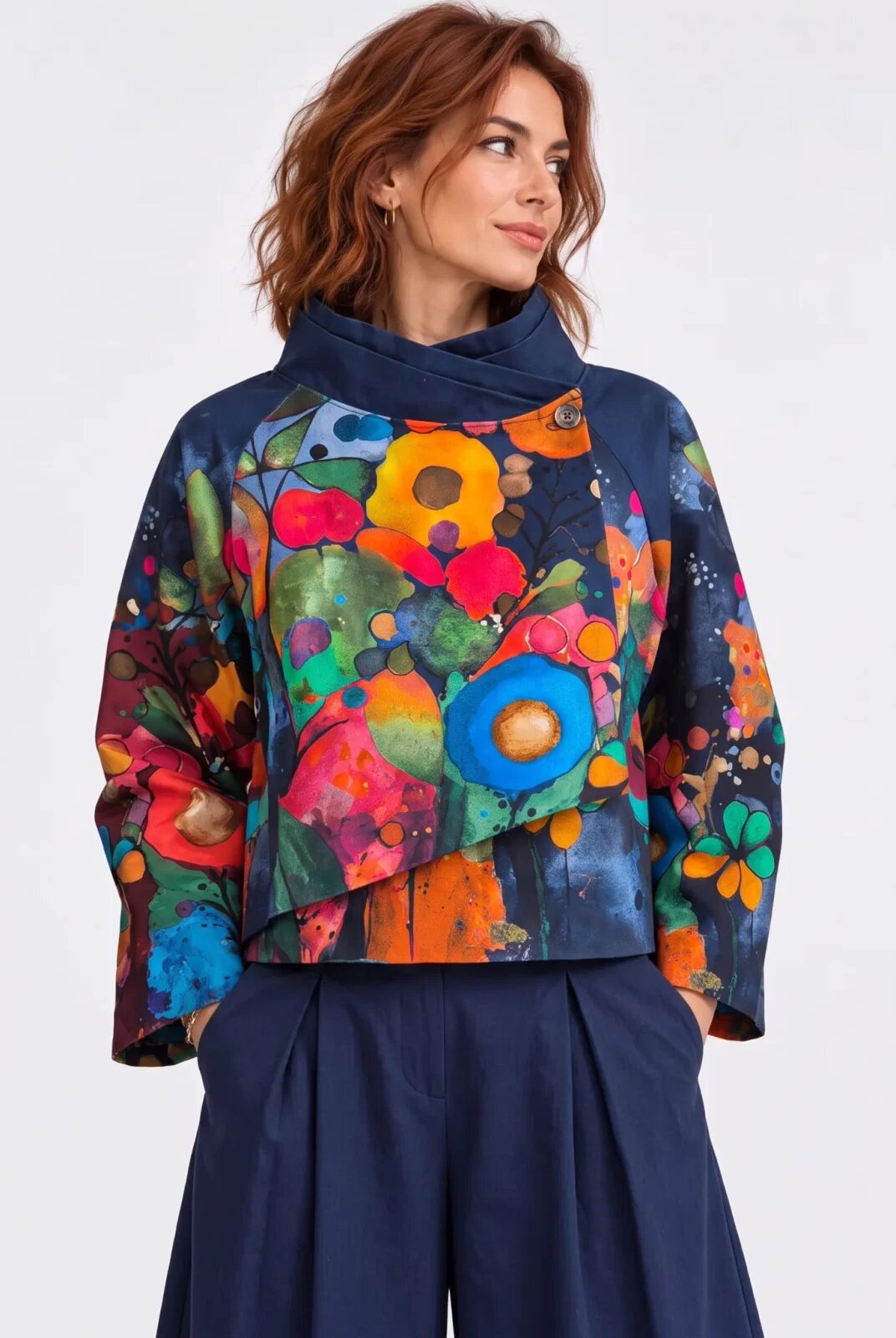 Shopika Jacheta scurta petrecuta cu imprimeu floral abstract multicolor bleumarin