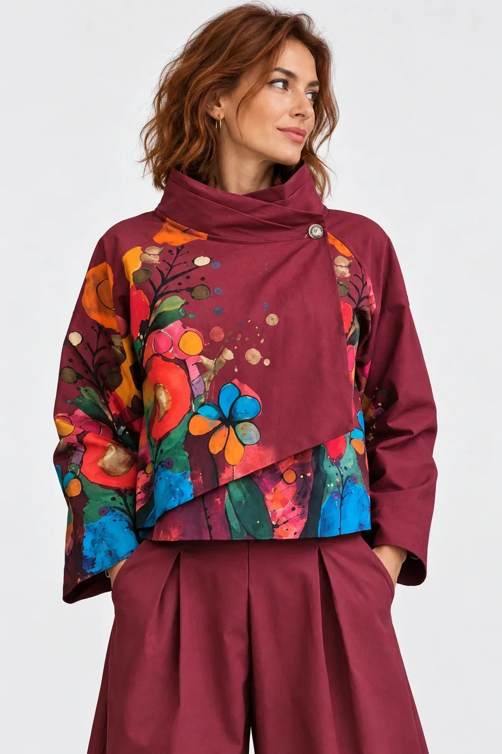 Shopika Jacheta scurta petrecuta cu imprimeu floral abstract multicolor bordo
