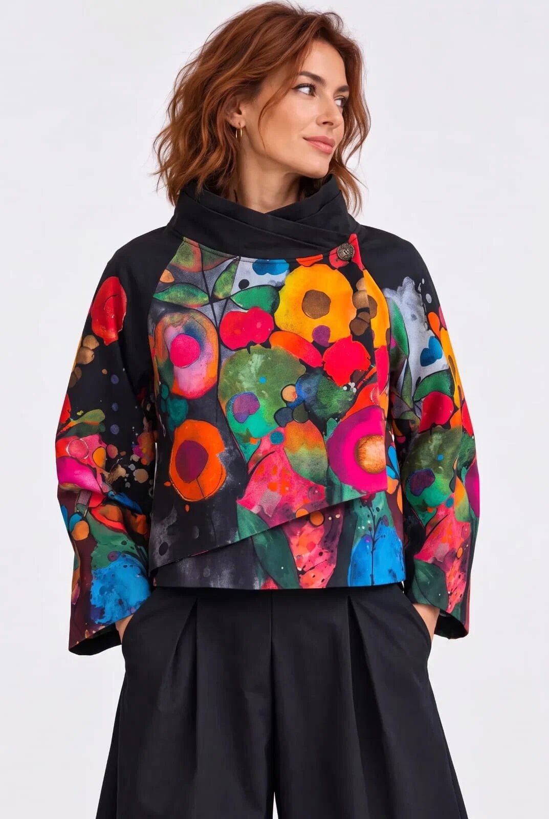 Shopika Jacheta scurta petrecuta cu imprimeu floral abstract multicolor negru