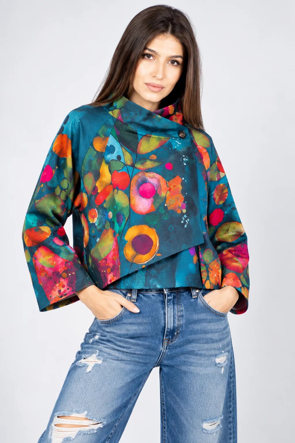 Shopika Jacheta scurta petrecuta cu imprimeu floral abstract multicolor turcoaz