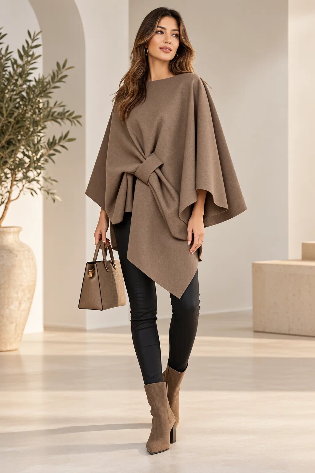 Shopika Jacheta trendy stil poncho din stofa cu vascoza bej fango