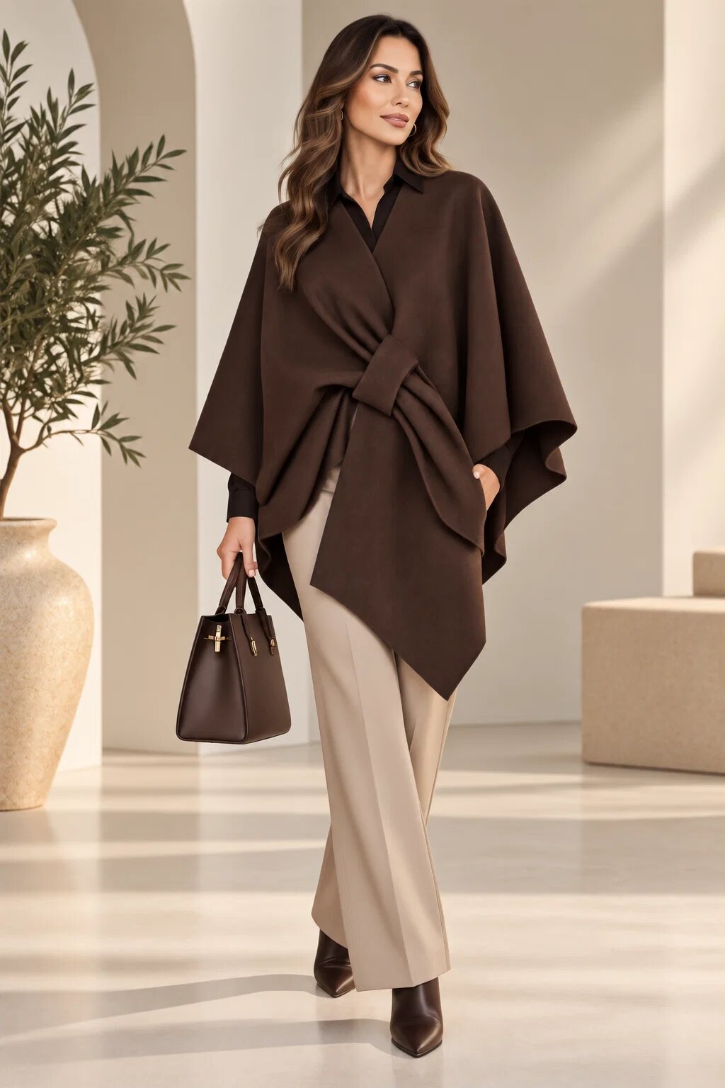 Shopika Jacheta trendy stil poncho din stofa cu vascoza maro