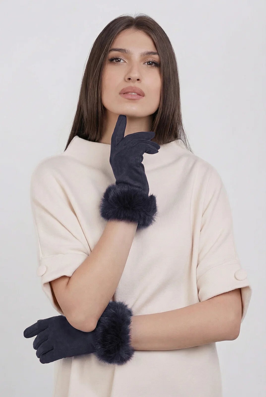 Shopika Manusi dama din material textil catifelat cu blanita naturala de iepure bleumarin
