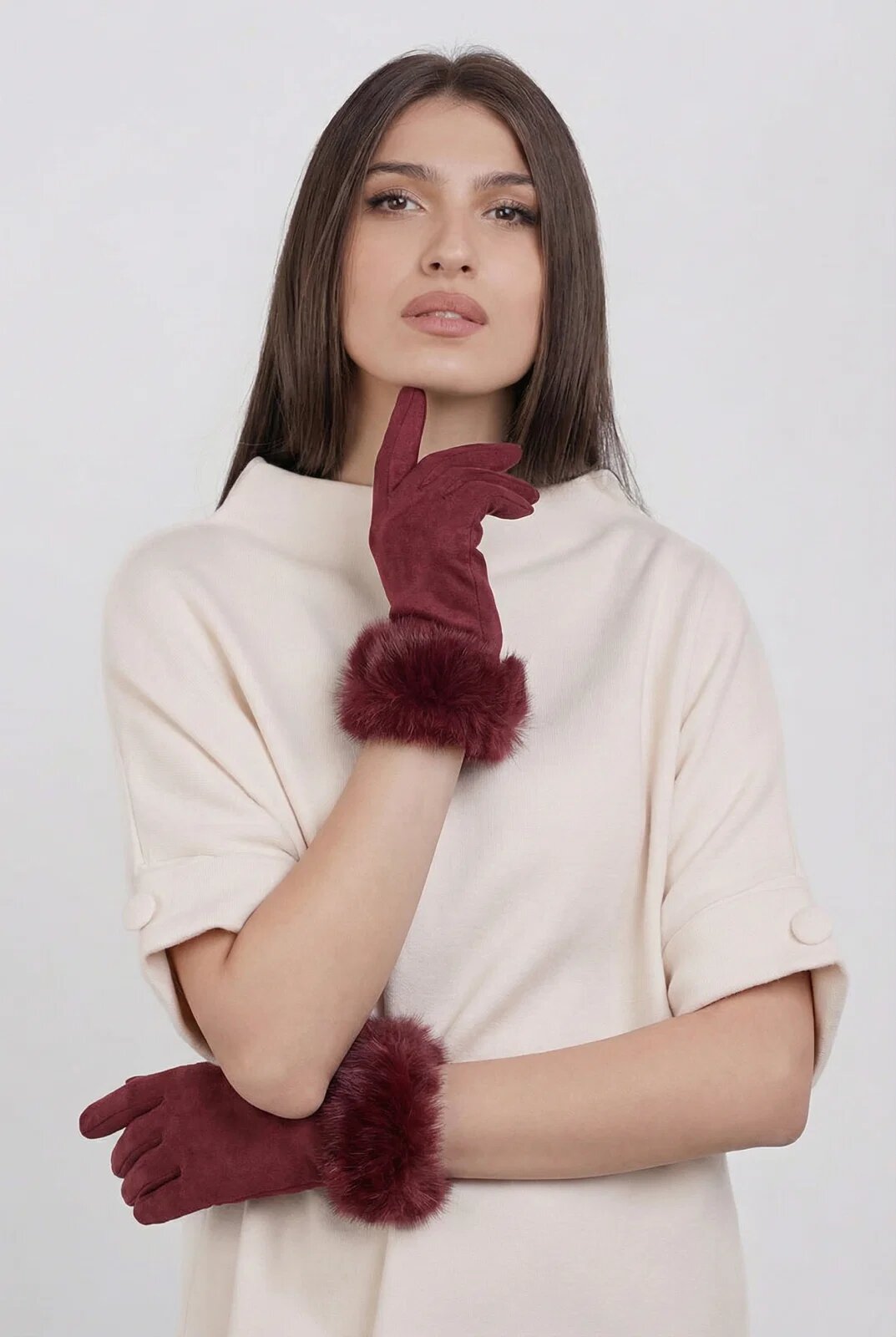 Shopika Manusi dama din material textil catifelat cu blanita naturala de iepure bordo