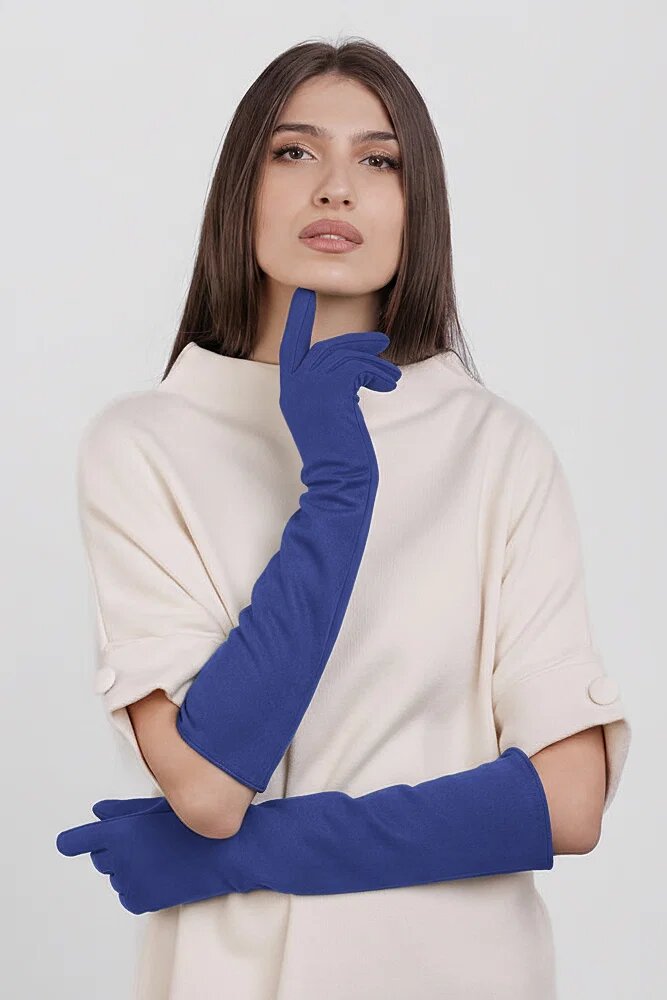 Shopika Manusi dama foarte lungi si simple din material textil catifelat albastru