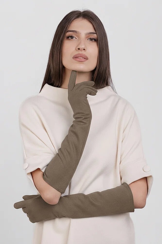 Shopika Manusi dama foarte lungi si simple din material textil catifelat bej fango