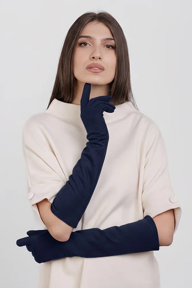 Shopika Manusi dama foarte lungi si simple din material textil catifelat bleumarin
