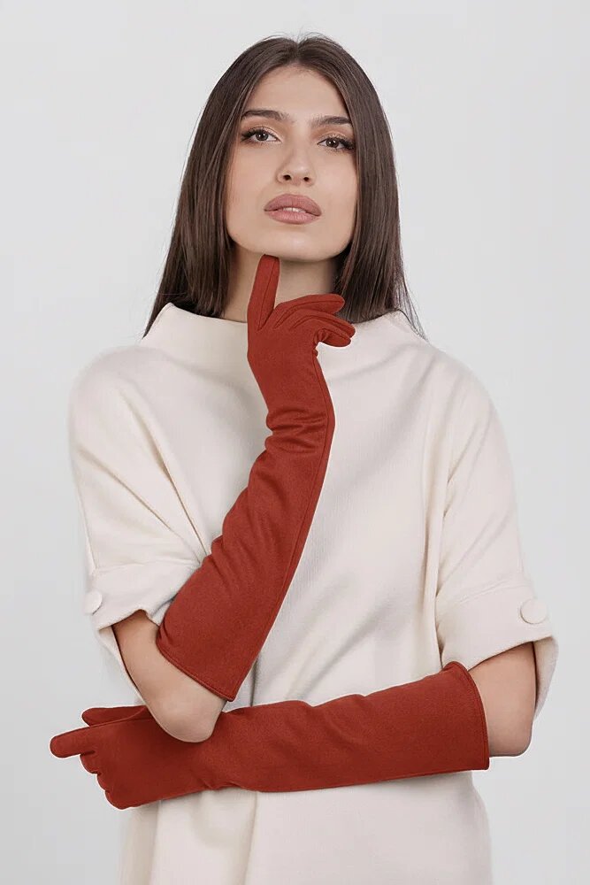 Shopika Manusi dama foarte lungi si simple din material textil catifelat caramiziu