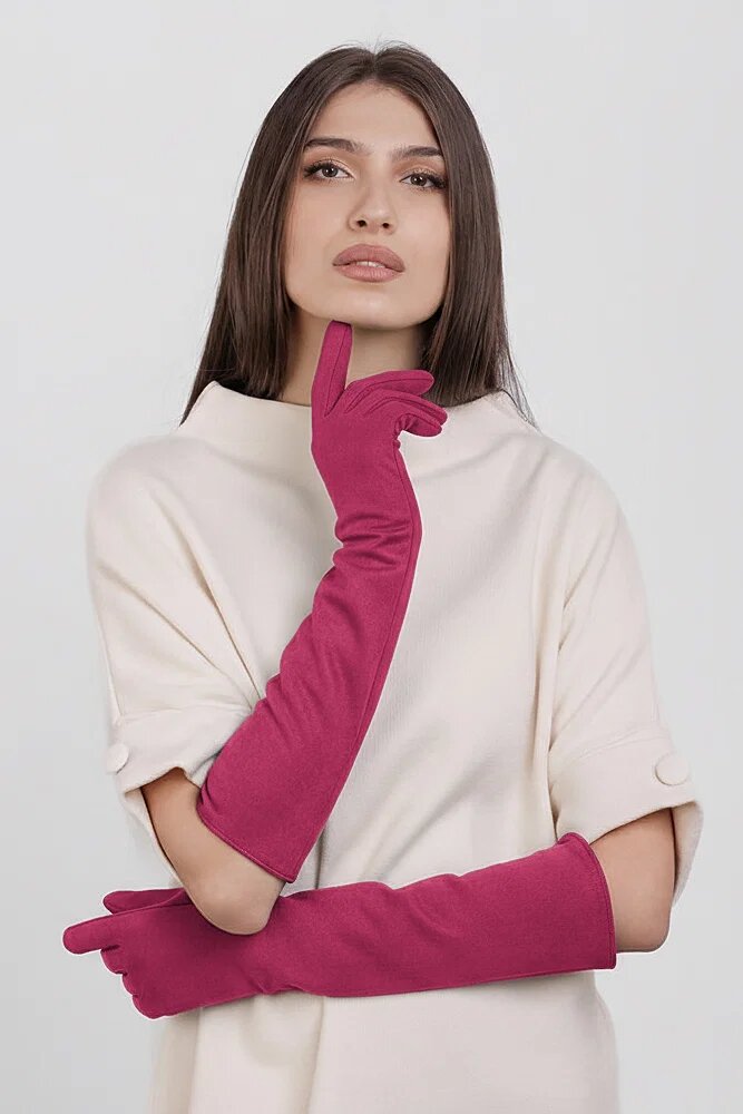Shopika Manusi dama foarte lungi si simple din material textil catifelat fucsia