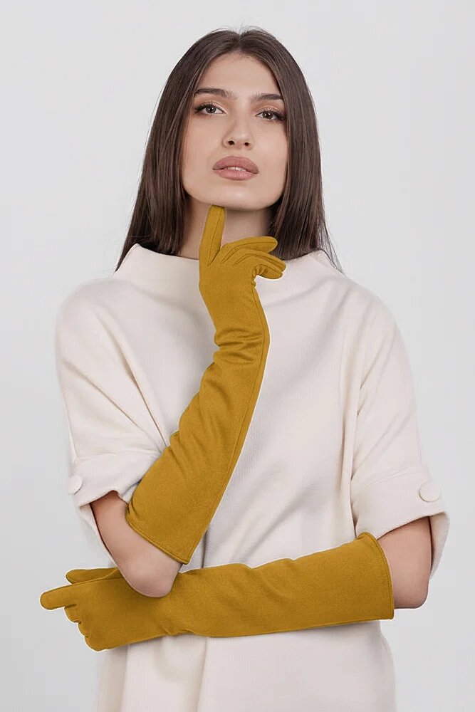 Shopika Manusi dama foarte lungi si simple din material textil catifelat galben mustar