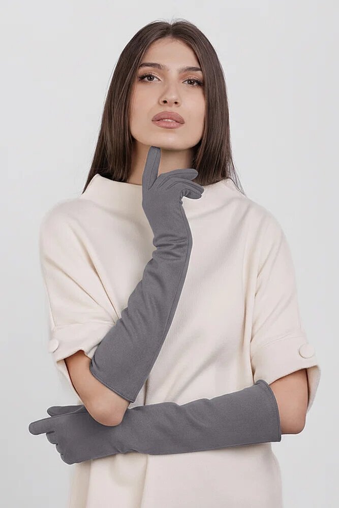Shopika Manusi dama foarte lungi si simple din material textil catifelat gri deschis