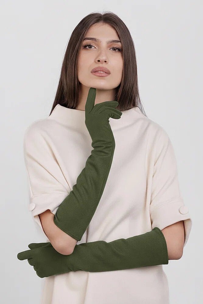 Shopika Manusi dama foarte lungi si simple din material textil catifelat kaki