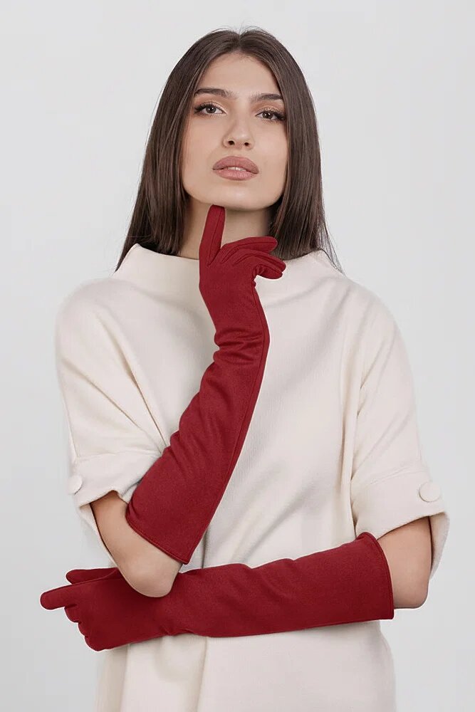 Shopika Manusi dama foarte lungi si simple din material textil catifelat rosu inchis