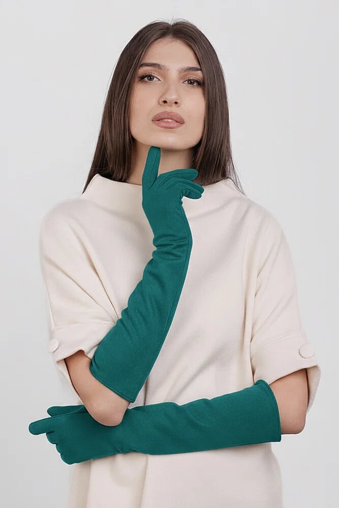 Shopika Manusi dama foarte lungi si simple din material textil catifelat turcoaz inchis