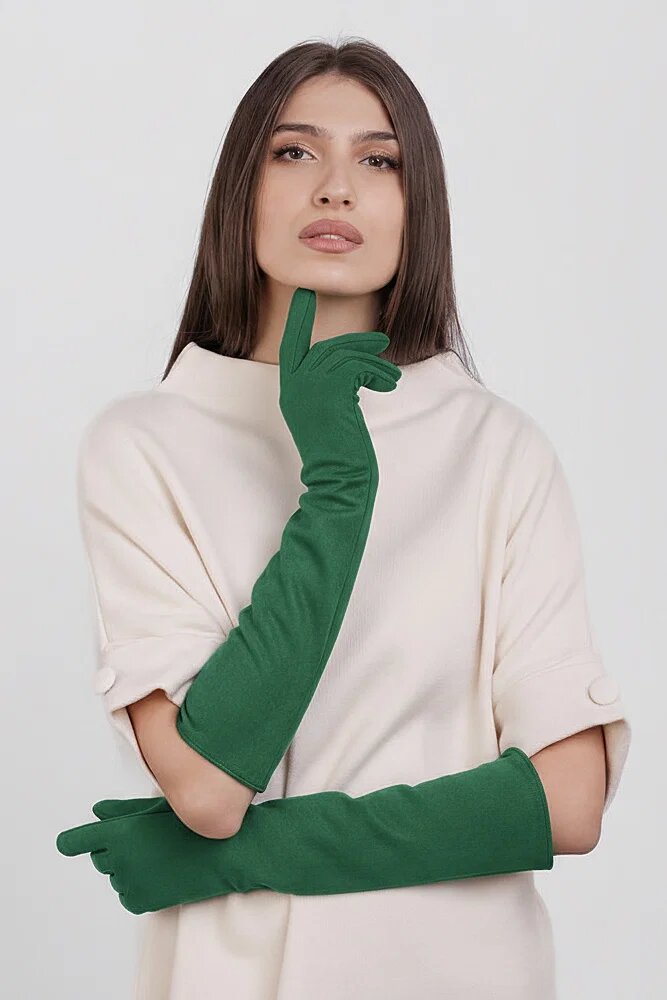 Shopika Manusi dama foarte lungi si simple din material textil catifelat verde