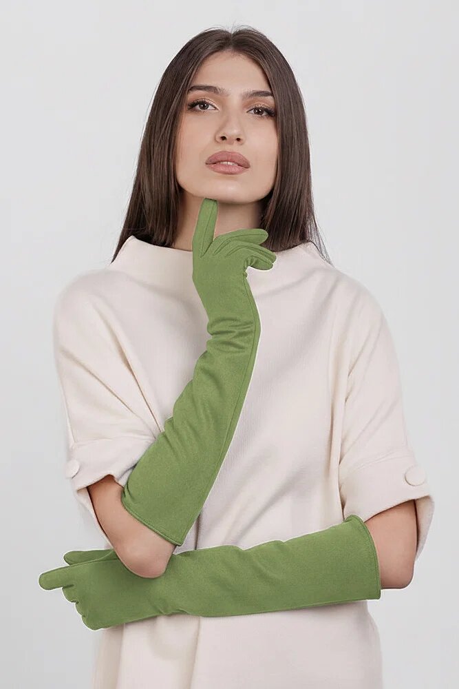 Shopika Manusi dama foarte lungi si simple din material textil catifelat verde deschis
