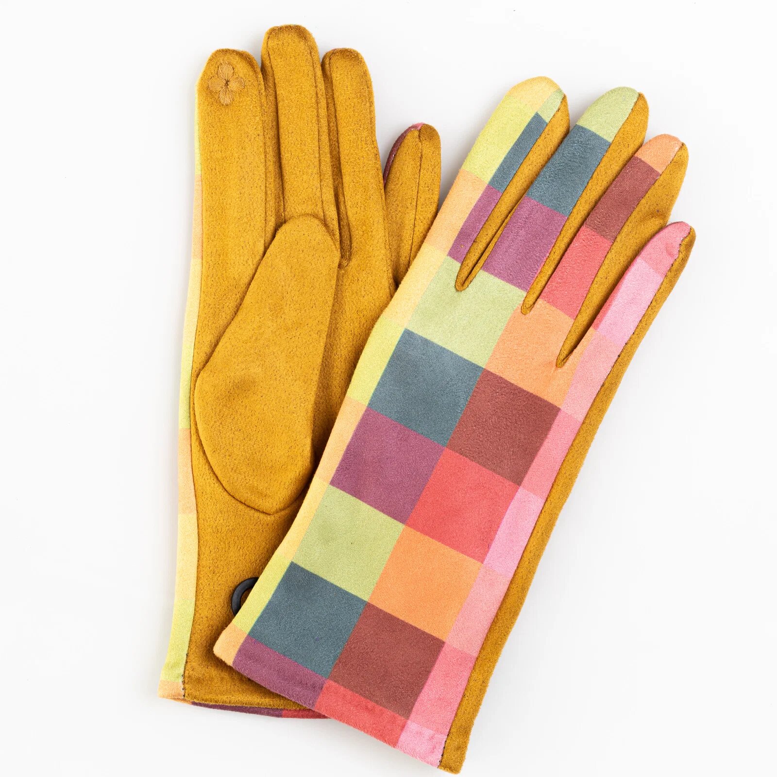 Shopika Manusi dama imprimeu patrate multicolore pe fond galben material catifelat