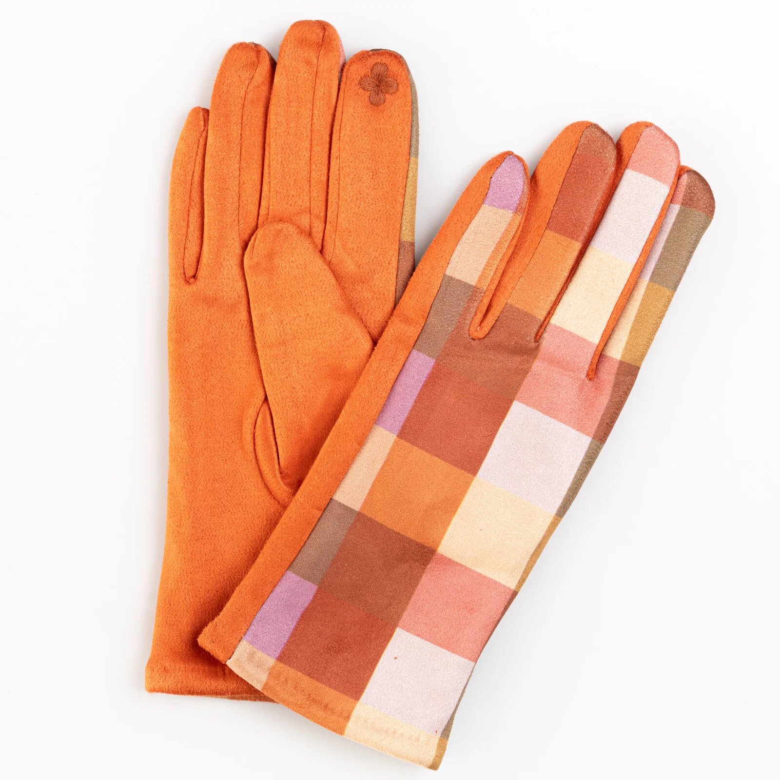 Shopika Manusi dama imprimeu patrate multicolore pe fond portocaliu material catifelat