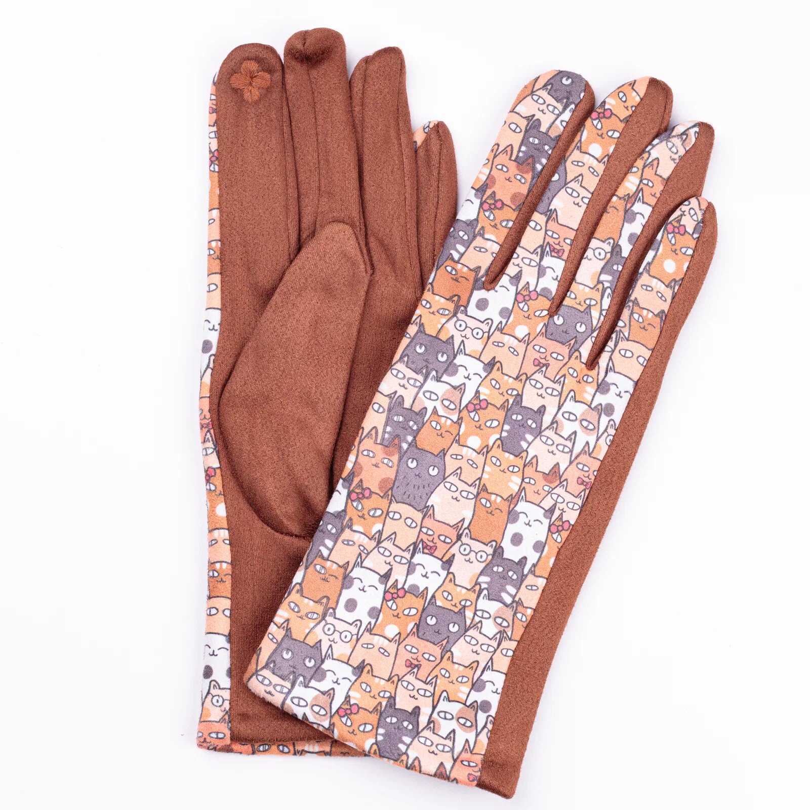 Shopika Manusi dama imprimeu pisici cu ochi mari pe fond camel material catifelat