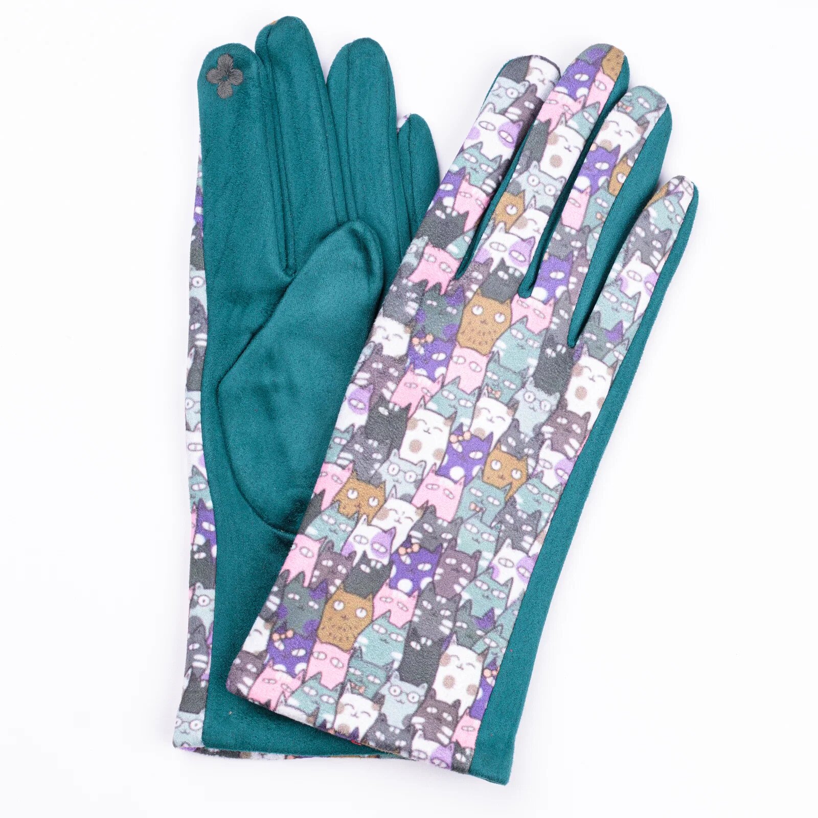 Shopika Manusi dama imprimeu pisici cu ochi mari pe fond verde samarald material catifelat
