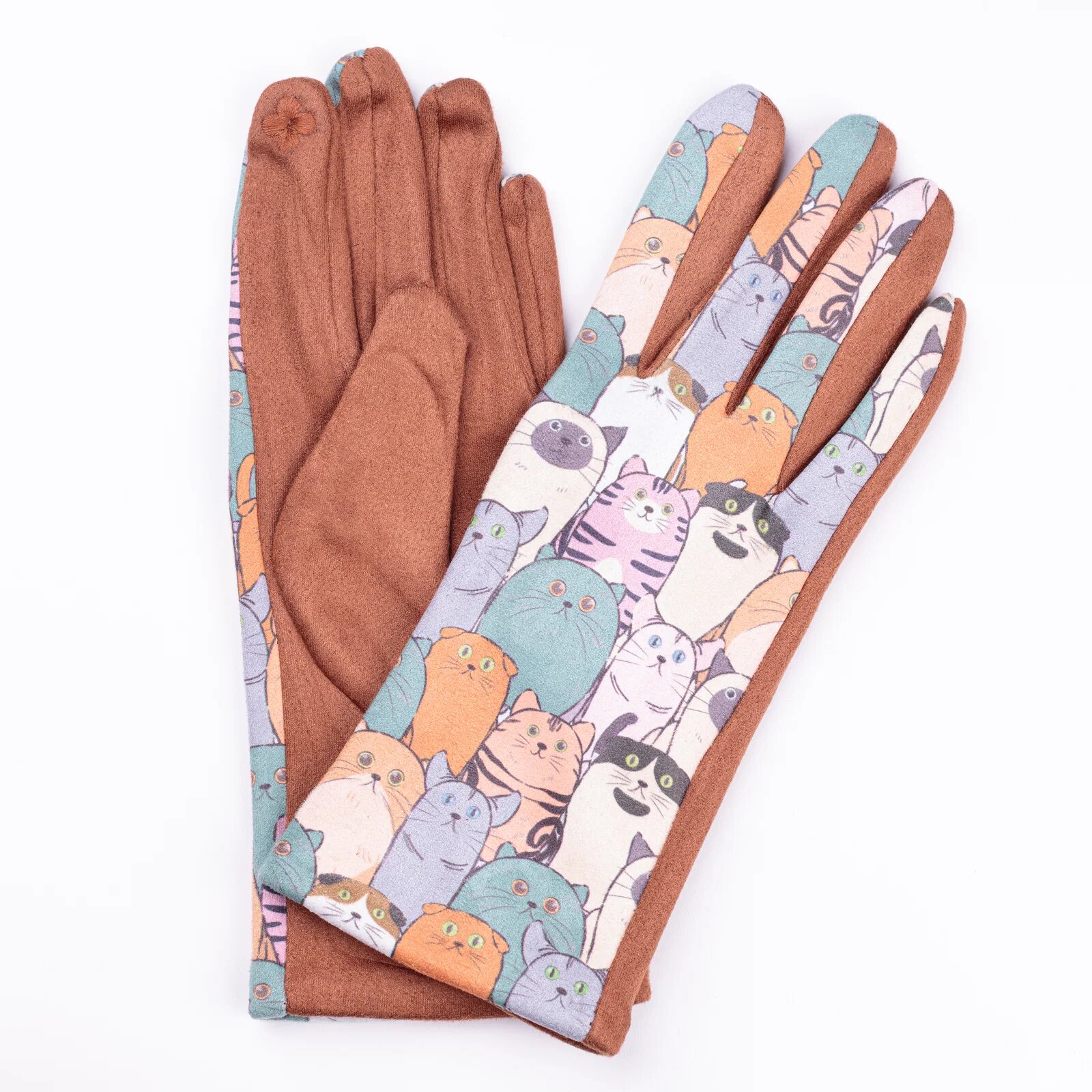 Shopika Manusi dama imprimeu pisici grasute pe fond camel material catifelat