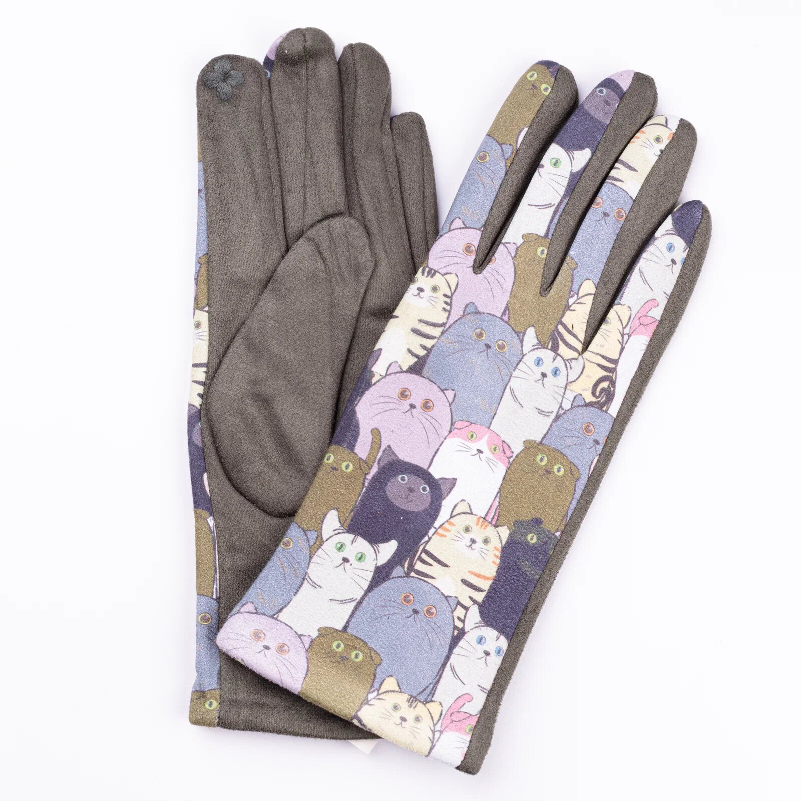 Shopika Manusi dama imprimeu pisici grasute pe fond kaki material catifelat