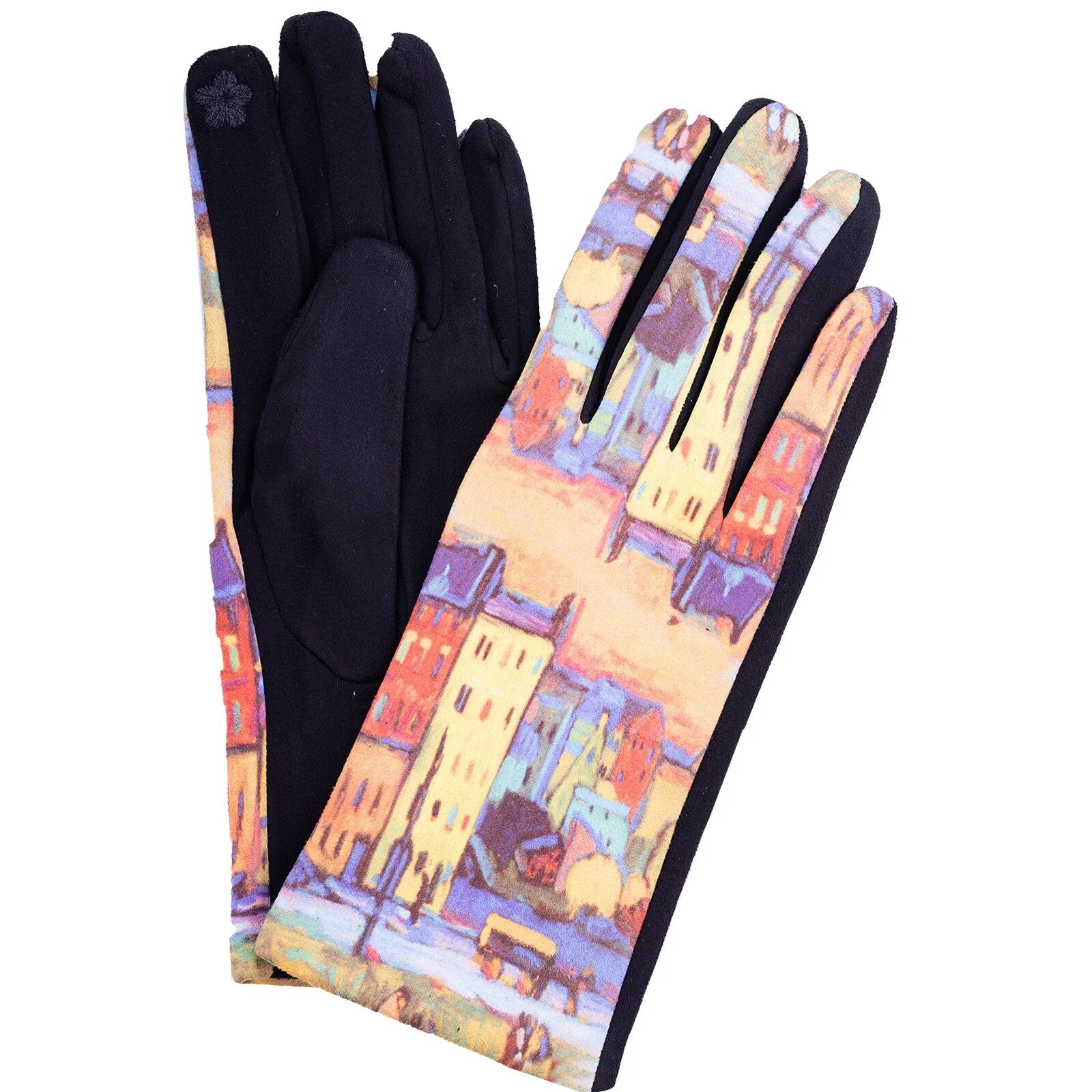 Shopika Manusi dama textil cu imprimeu inspirat dintr-o pictura impresionista cu peisaj cu case