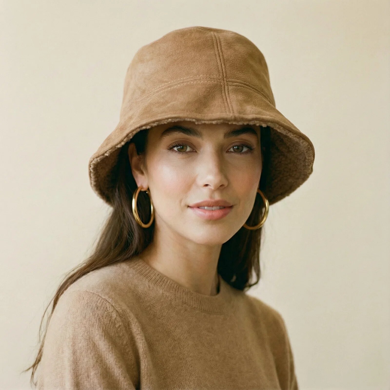 Shopika Palarie clos reversibila cu o fata blanita si o fata catifelata camel