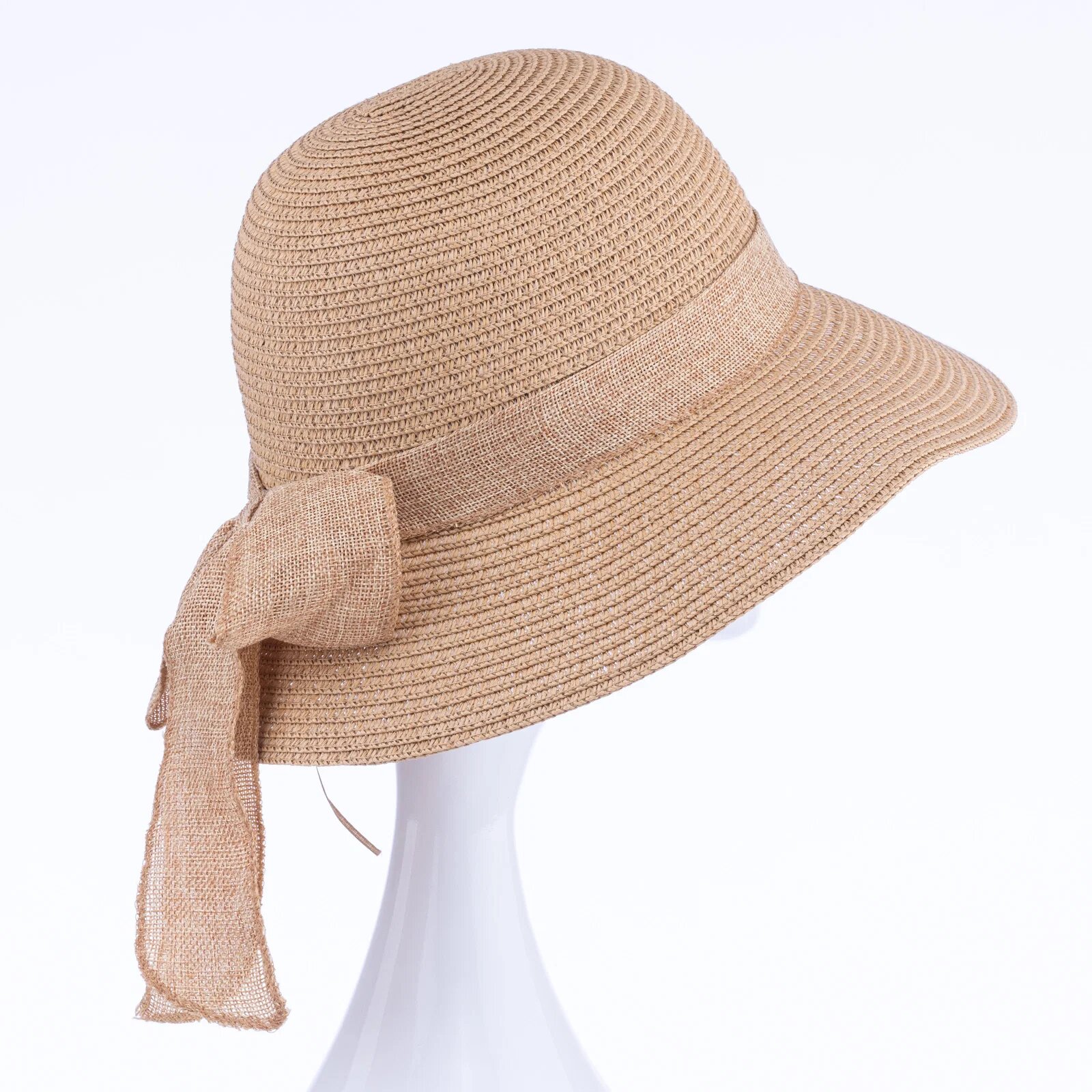 Shopika Palarie de paie impletita cu decoratiune funda camel