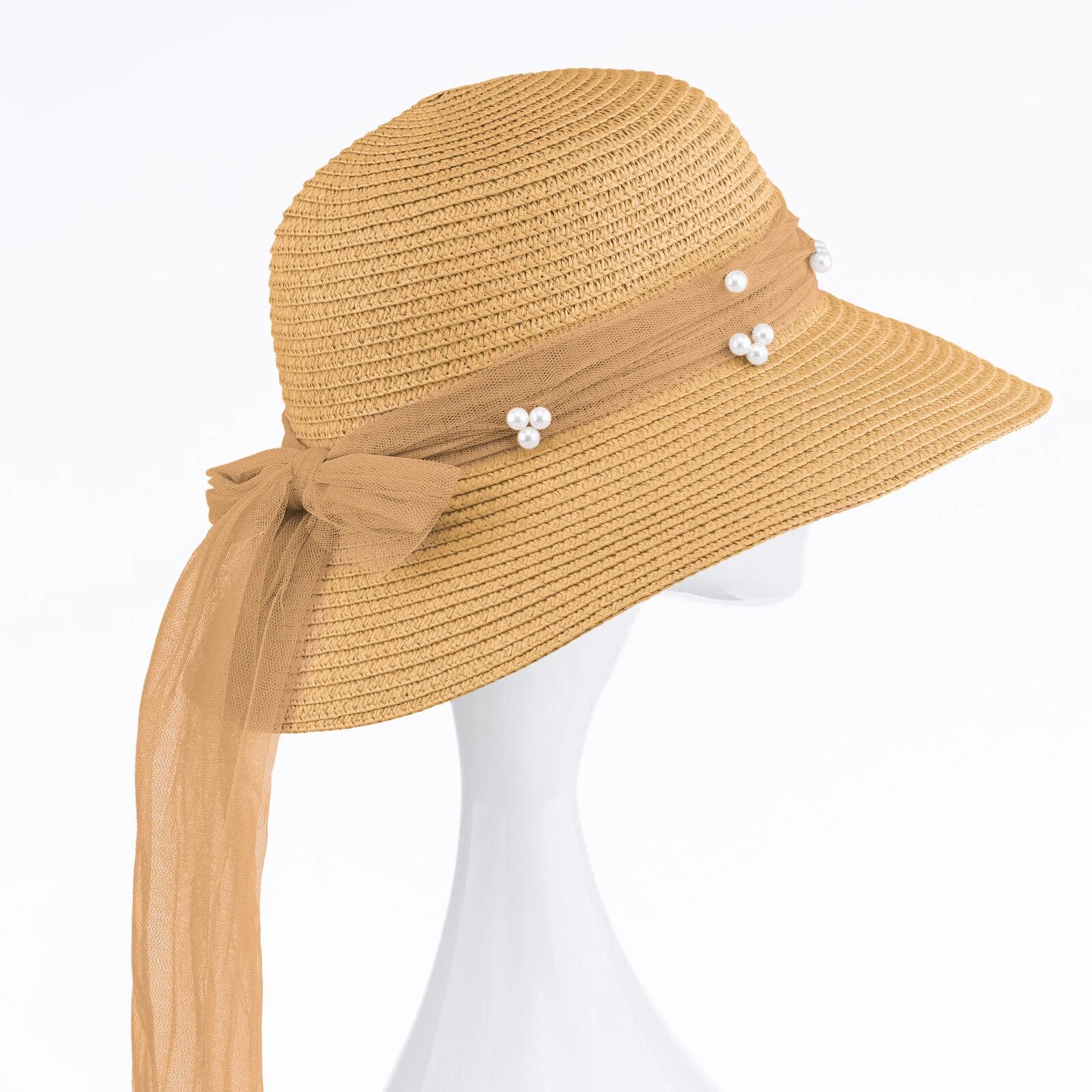 Shopika Palarie de paie impletita cu decoratiune funda cu perle fine camel