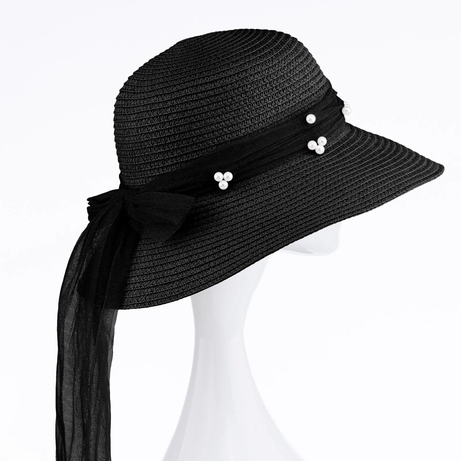 Shopika Palarie de paie impletita cu decoratiune funda cu perle fine neagra