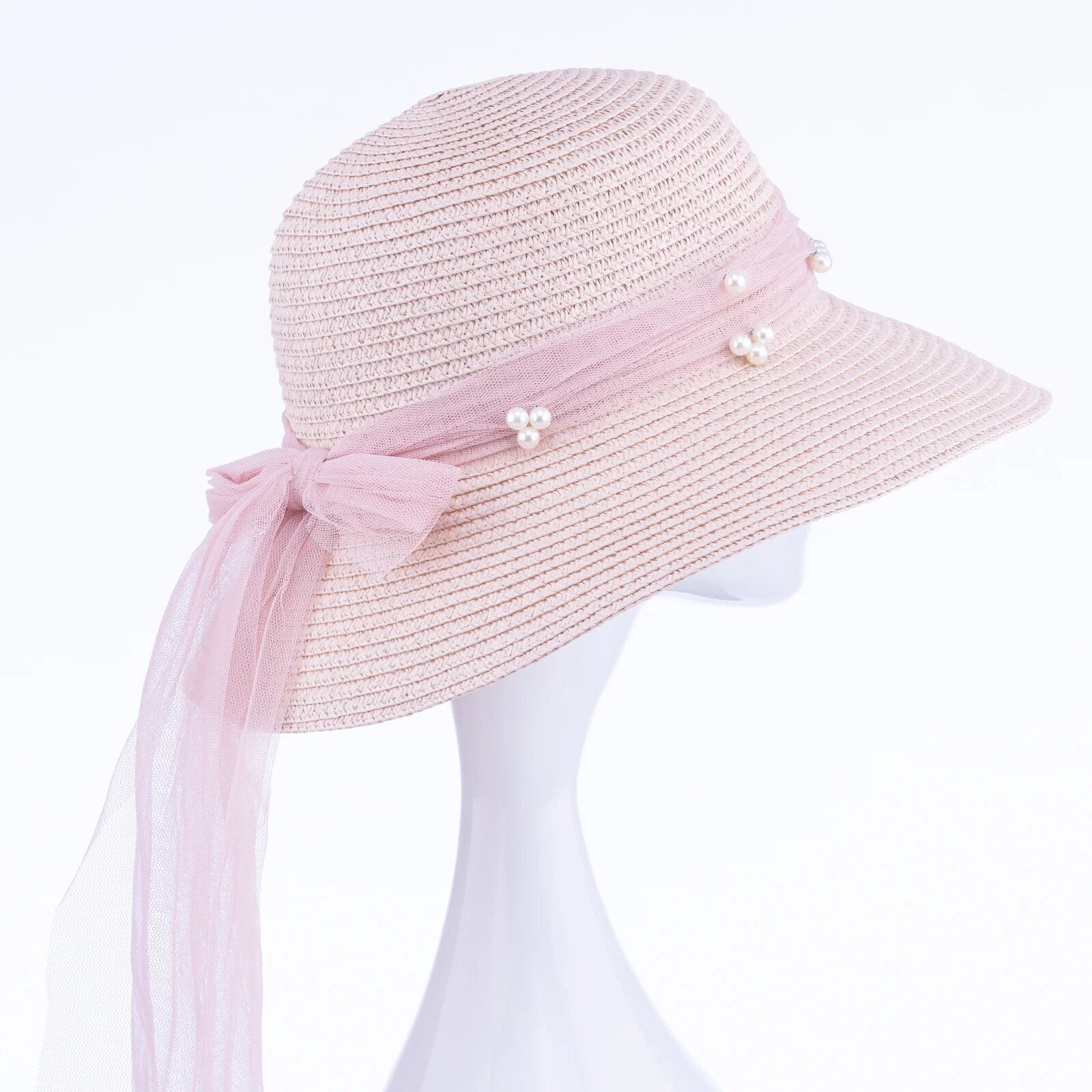 Shopika Palarie de paie impletita cu decoratiune funda cu perle fine roz deschis