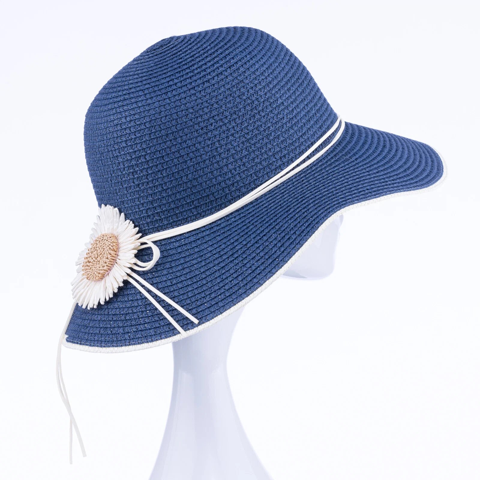 Shopika Palarie de paie impletita cu decoratiune margareta bleumarin