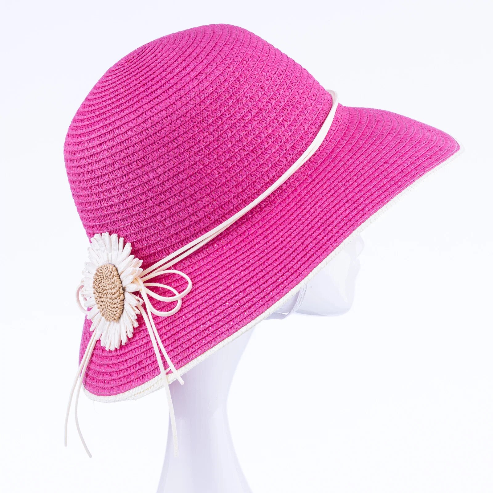 Shopika Palarie de paie impletita cu decoratiune margareta fucsia