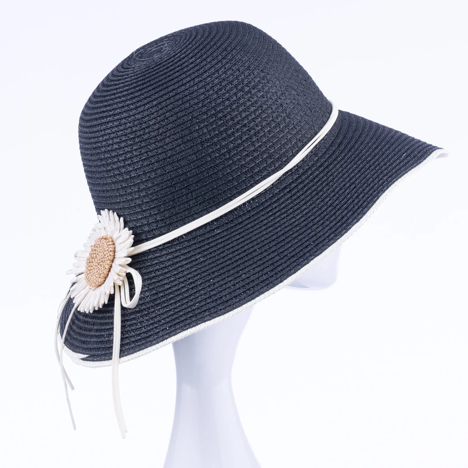 Shopika Palarie de paie impletita cu decoratiune margareta neagra