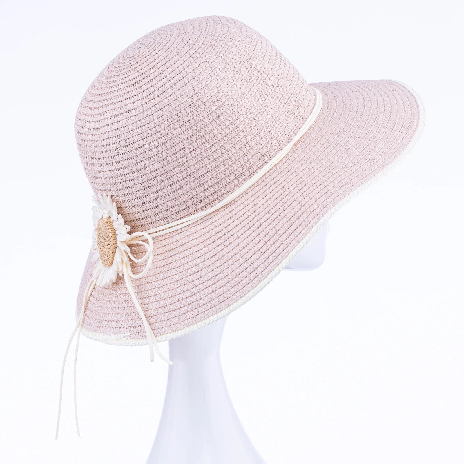 Shopika Palarie de paie impletita cu decoratiune margareta roz deschis
