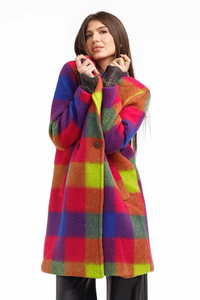 Shopika Palton dama carouri colorate cu lana palton captusit elegant fucsia mov albastru