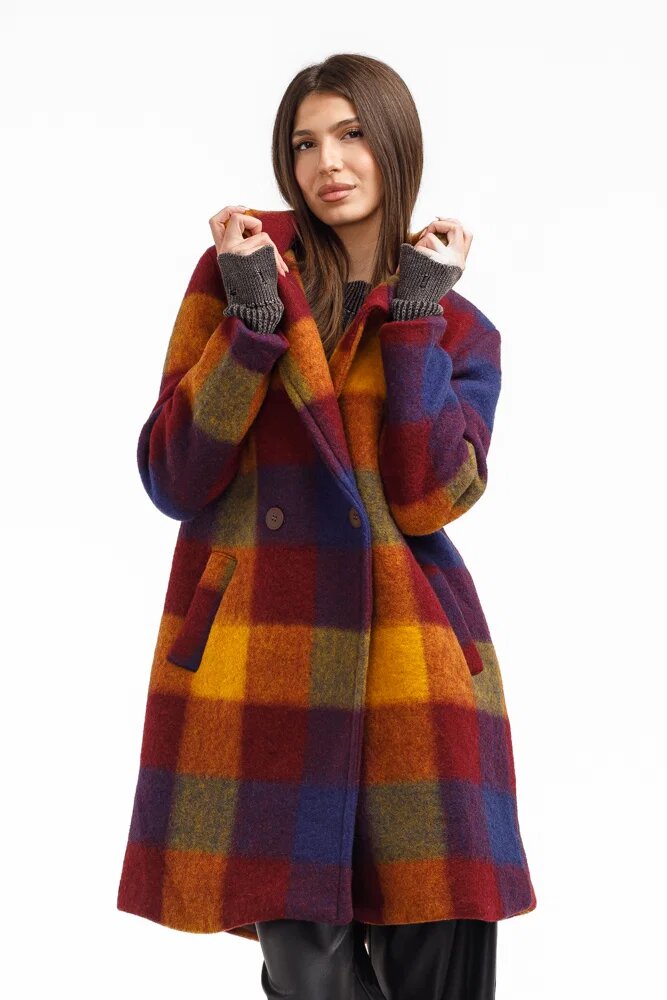 Shopika Palton dama carouri colorate cu lana palton captusit elegant galben rosu bordo si albastru