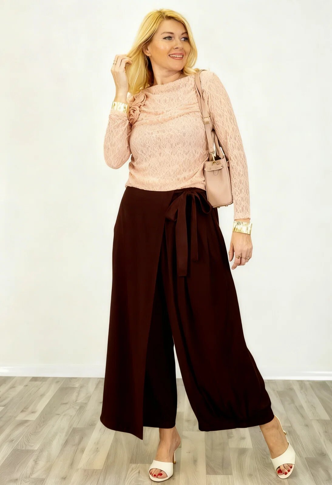 Shopika Pantaloni dama eleganti palazzo cu talie inalta si cordon decorativ maro
