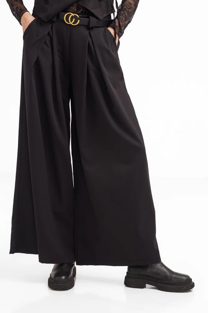 Shopika Pantaloni dama negri din stofa fina palazzo eleganti cu talie inalta si curea