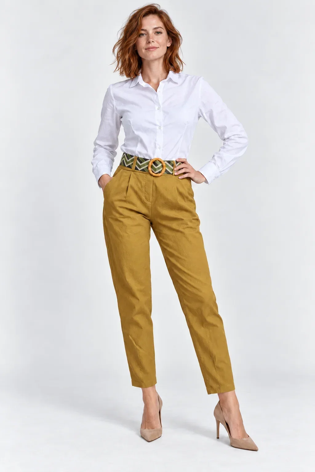 Shopika Pantaloni de toamna galben ocru cu pense croi relaxat curea asortata inclusa