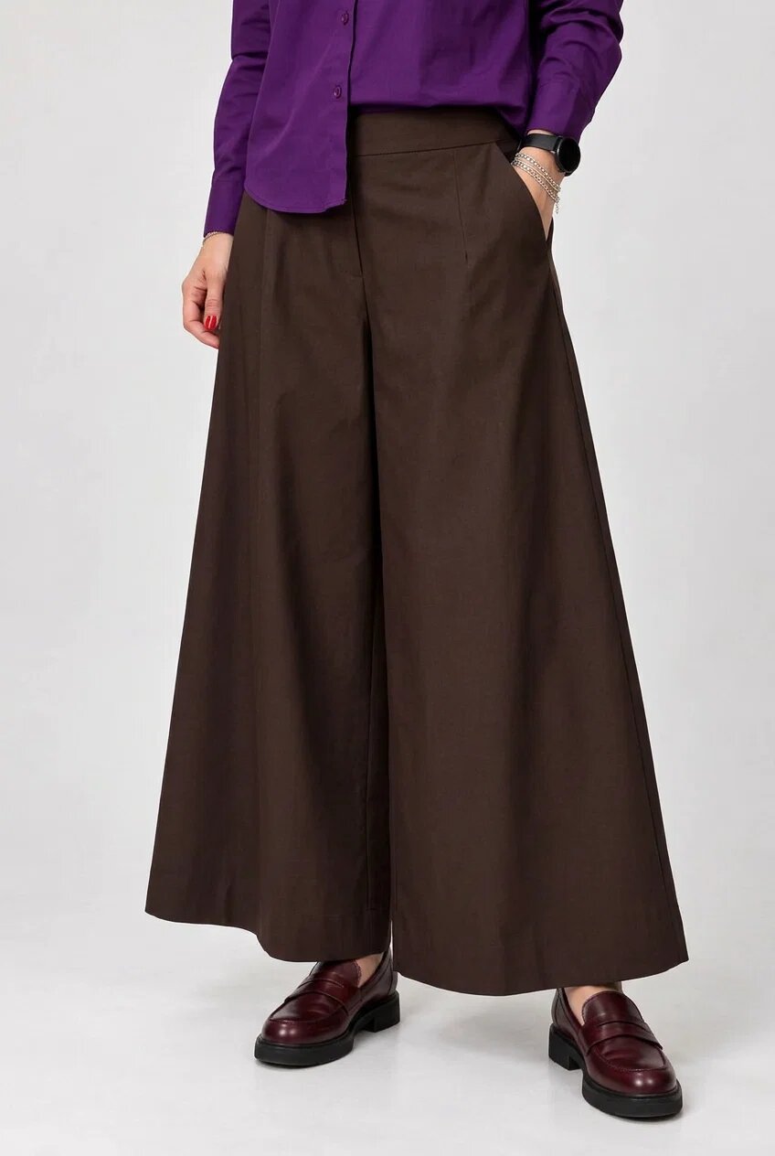 Shopika Pantaloni de toamna palazzo dama cu talie elastica si croi larg maro