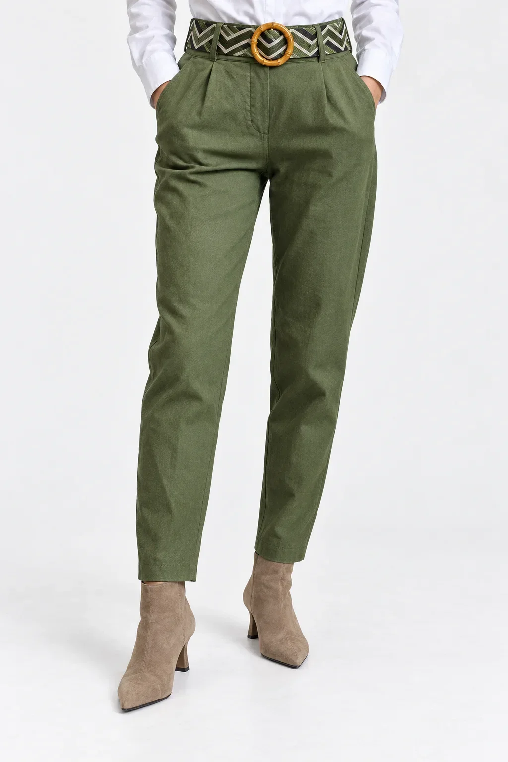 Shopika Pantaloni de toamna verde oliv cu pense croi relaxat curea asortata inclusa