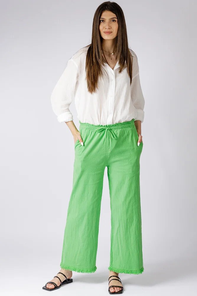 Shopika Pantaloni de vara din in si bumbac cu franjuri mici verde deschis