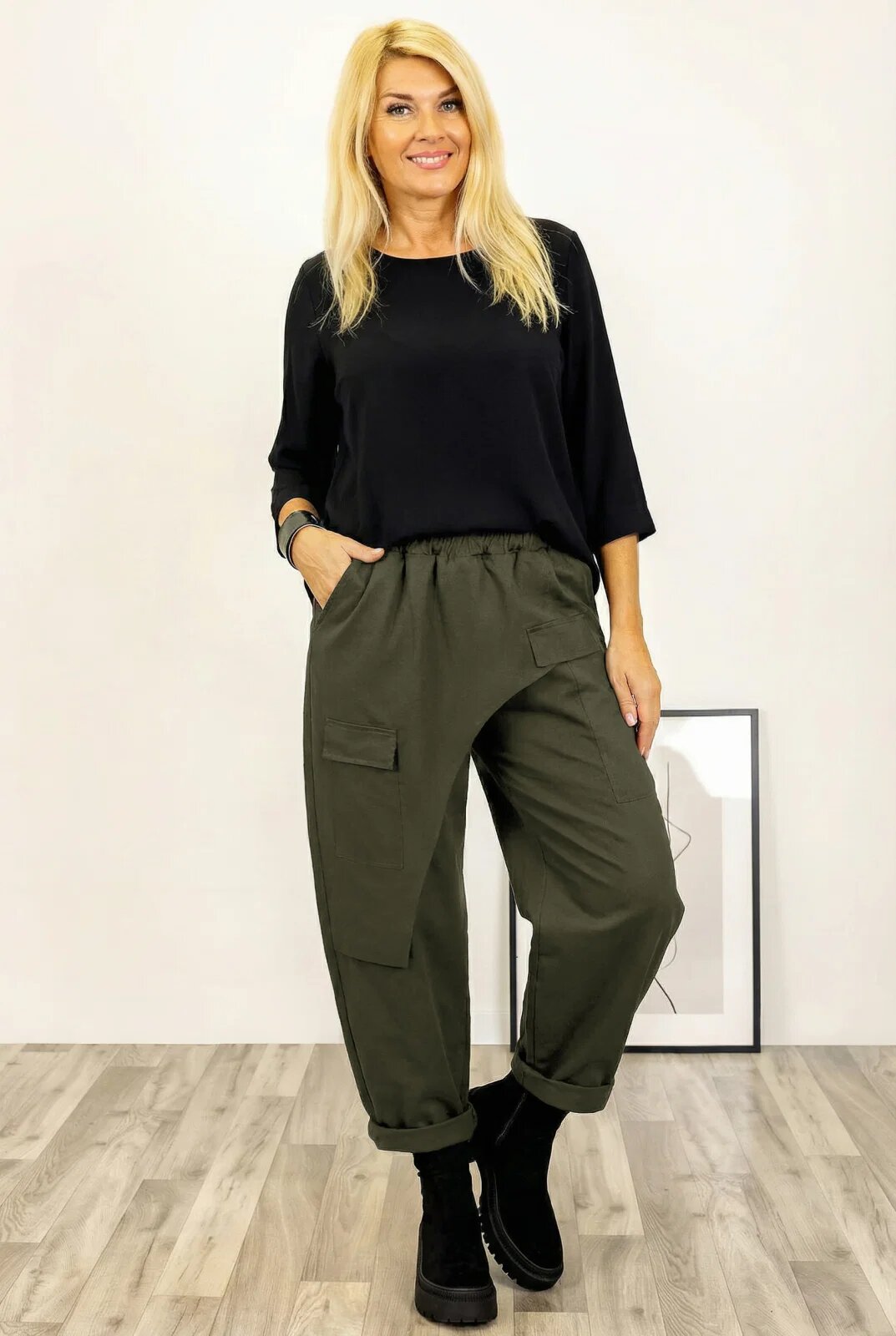 Shopika Pantaloni din jerseu de bumbac cu o parte petrecuta si buzunar lateral kaki