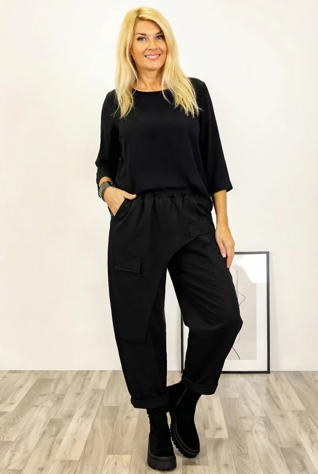 Shopika Pantaloni din jerseu de bumbac cu o parte petrecuta si buzunar lateral negru