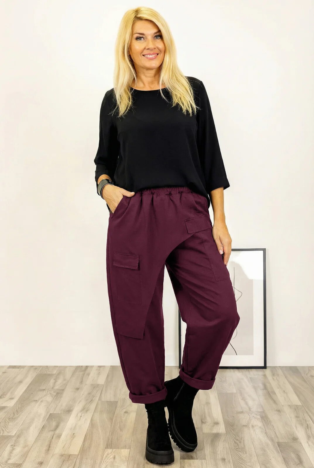 Shopika Pantaloni din jerseu de bumbac cu o parte petrecuta si buzunar lateral visiniu
