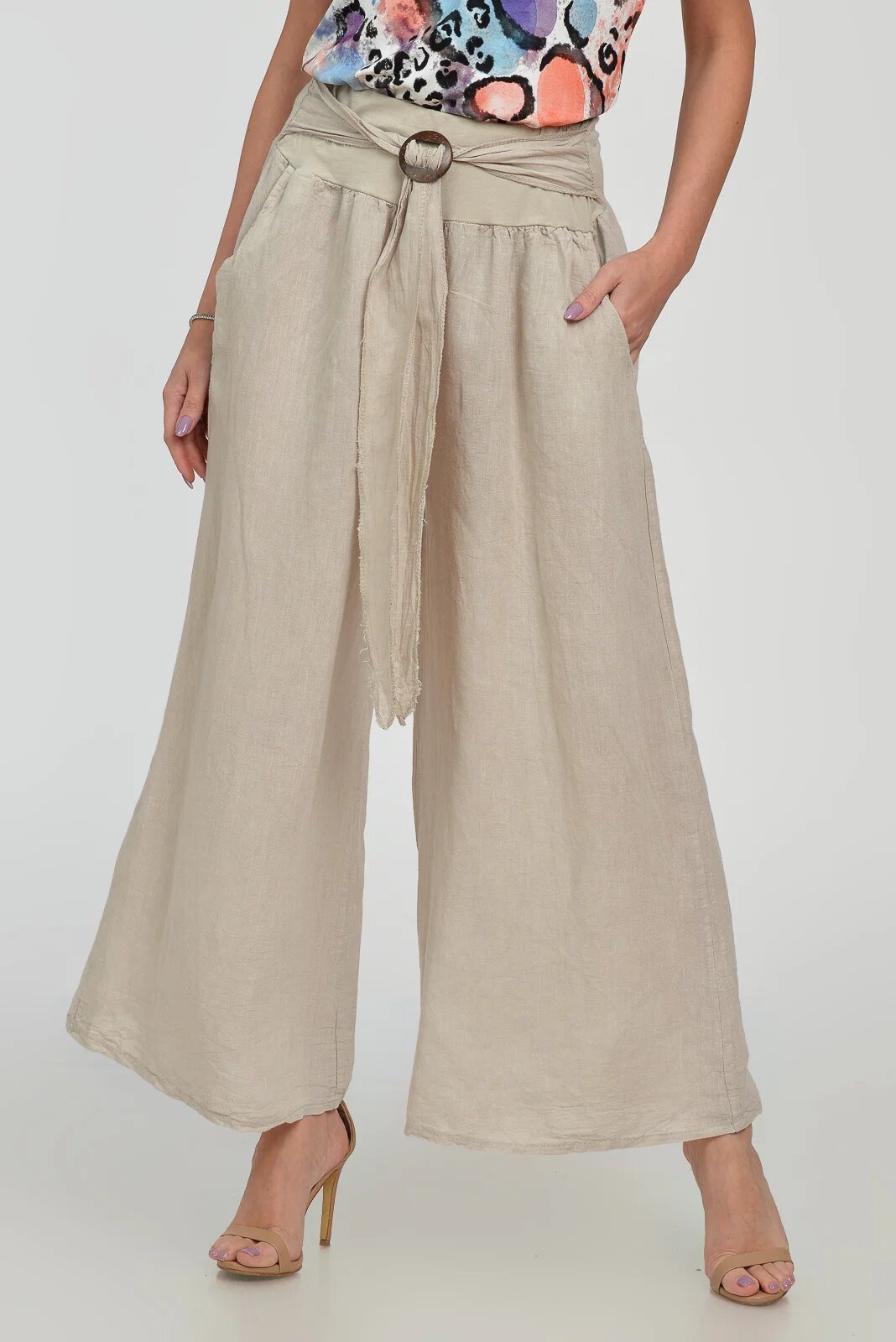 Shopika Pantaloni drepi largi de vara din in cu accesoriu de lemn bej