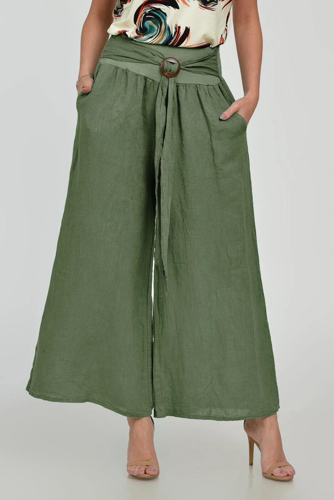 Shopika Pantaloni drepi largi de vara din in cu accesoriu de lemn kaki
