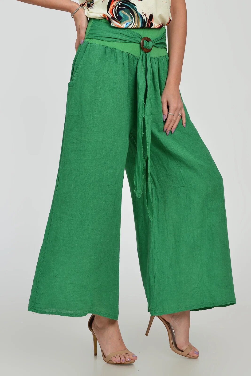 Shopika Pantaloni drepi largi de vara din in cu accesoriu de lemn verzi